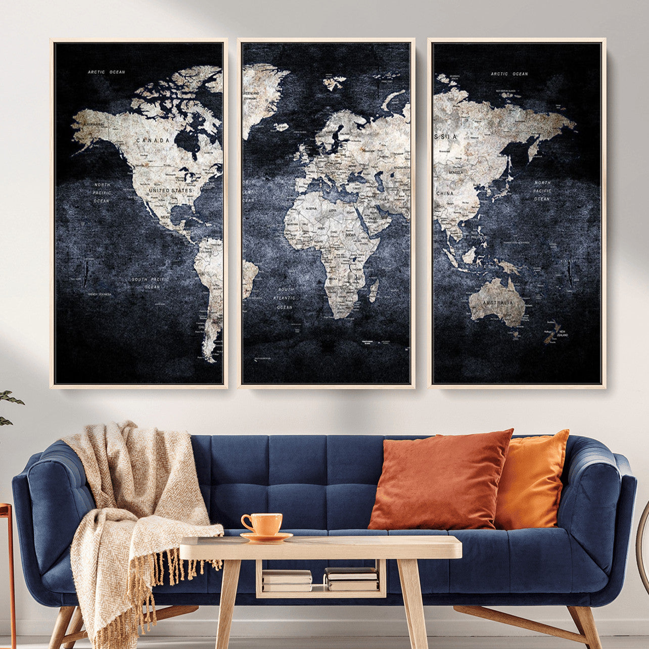 MGV-FC-48X32-3P - Vintage World Map Wall Art Canvas Print, Framed Dark Atlas Art Picture Print, Classic Globe Perfect Rustic Explorer Decor Artwork