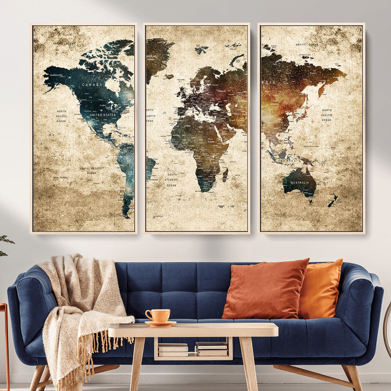 MGV-FC-48X32-3P - Rustic World Map Wall Art Canvas Print, Framed Vintage Map Art Picture Print, Grunge Atlas Perfect Moody Rustic Decor Artwork