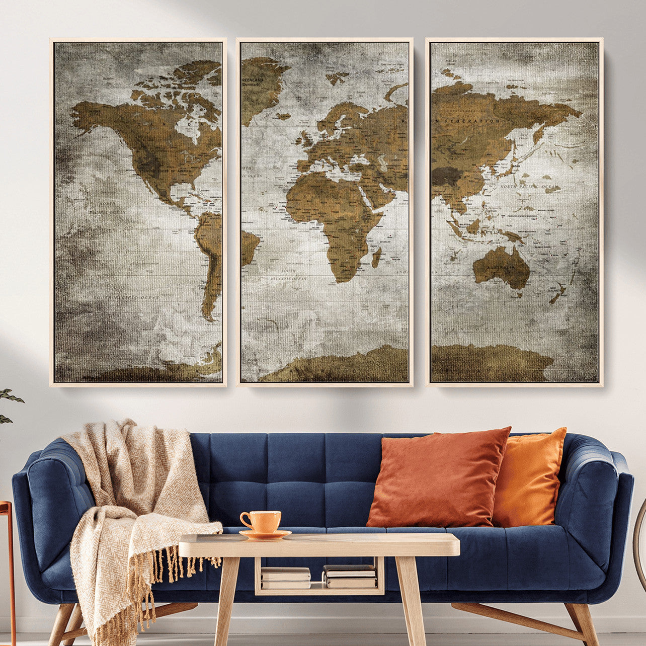 MGV-FC-48X32-3P - Rustic World Map Wall Art Canvas Print, Framed Vintage Atlas Art Picture Print, Aged Paper Map Perfect Vintage Explorer Decor Artwork