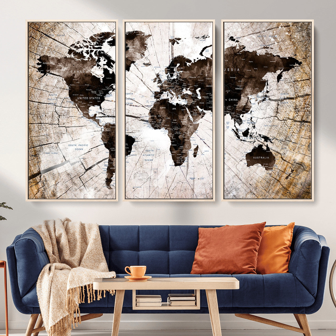 MGV-FC-48X32-3P - World Map Wall Art Canvas Print, Framed Rustic Map Art Picture Print, Antique Finished Map Perfect Vintage Explorer Decor Artwork
