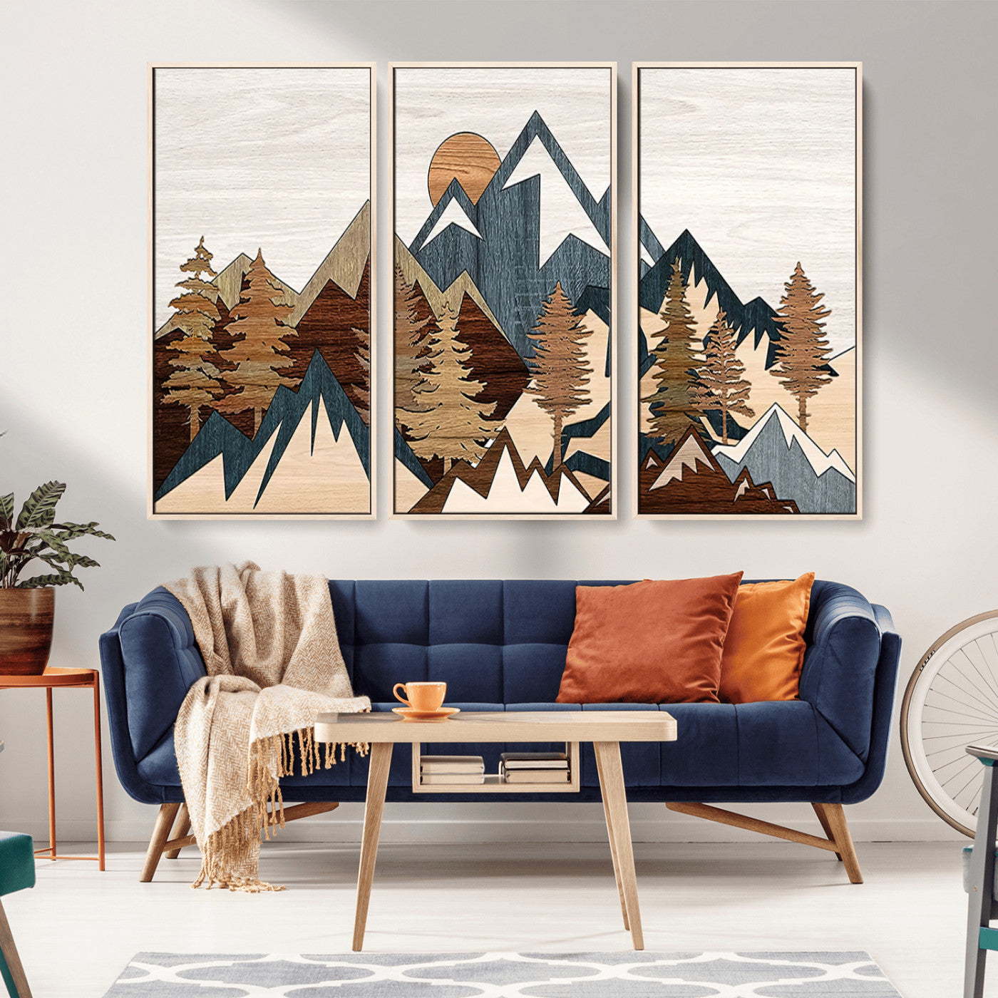 80300-MGV-CV-36X24-Geometric Mountains Wall Art Canvas Print, Framed Stylized Trees Art Picture Print, Graphic Forest Perfect Rustic Abstract Decor