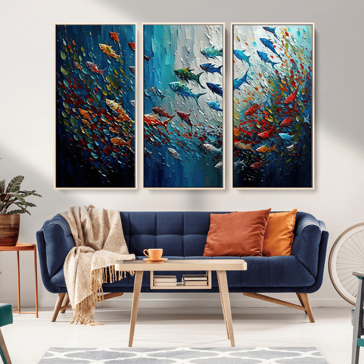89626-MGV-CV-36X24-Fish Swarm Wall Art Canvas Print, Framed Abstract Ocean Art Picture Print, Underwater Life Perfect Vibrant Coastal Decor Artwork