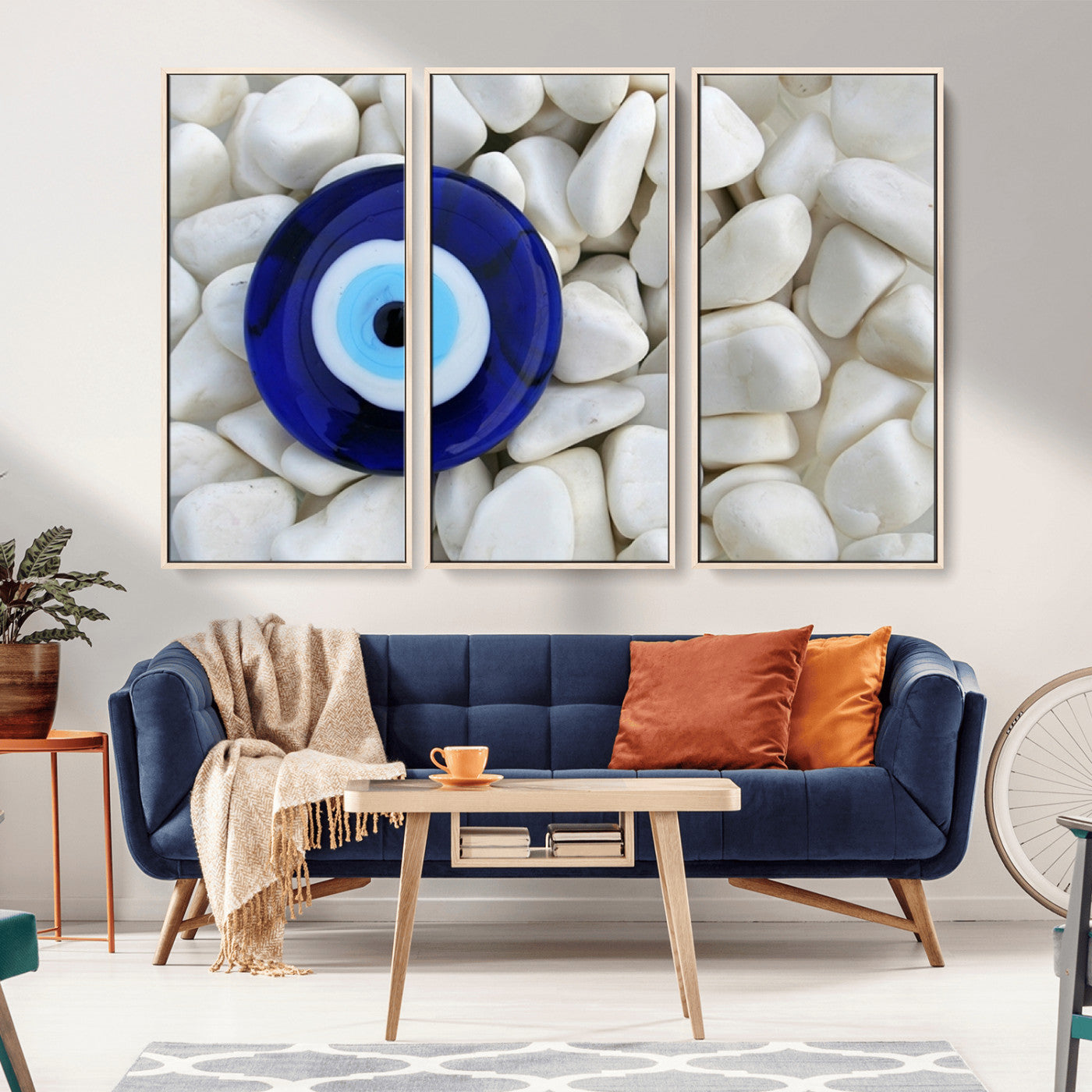 48883-MGV-CV-36X24-Evil Eye Wall Art – Deep Blue Symbol of Presence and Calm on White Stones, Subtle Spiritual Decor for Entryway, Studio, Office or