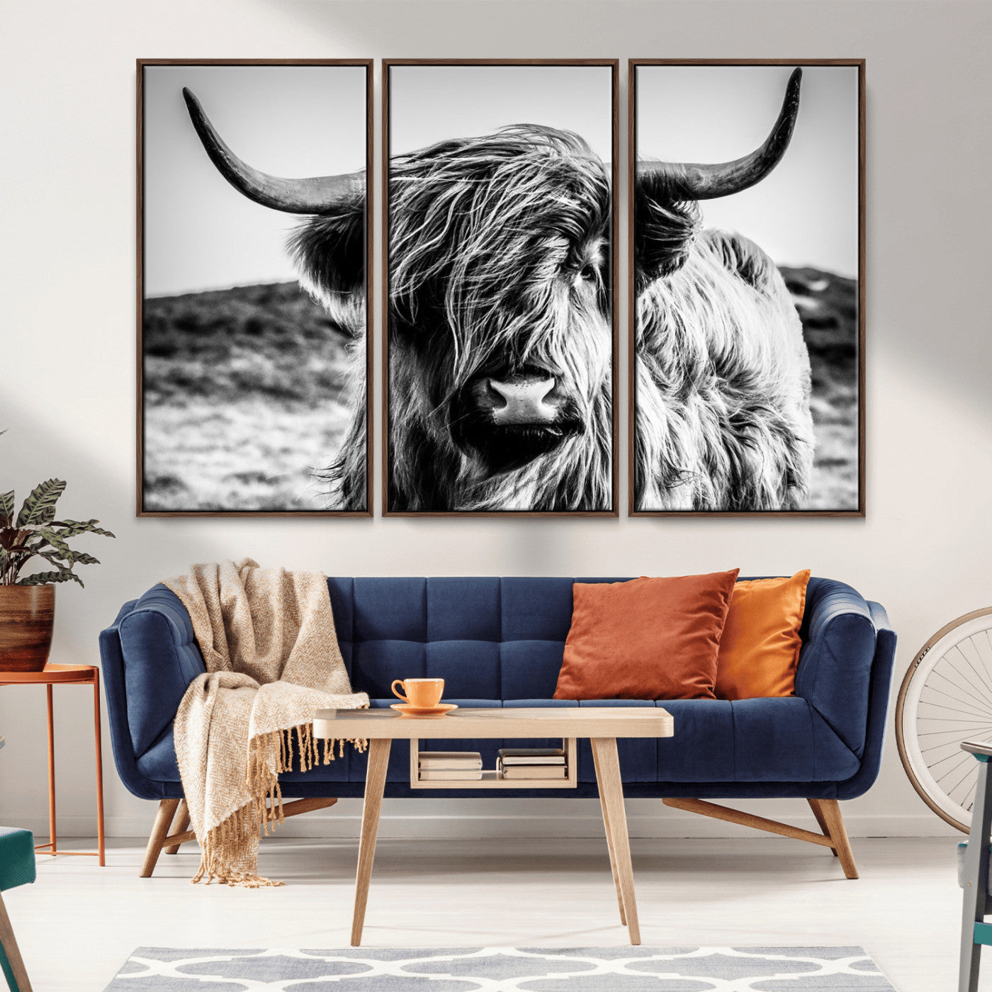 36979-MGV-CV-36X24-Striking black-and-white portrait of a Highland cow with flowing fur and majestic horns, perfect for rustic and elegant home or