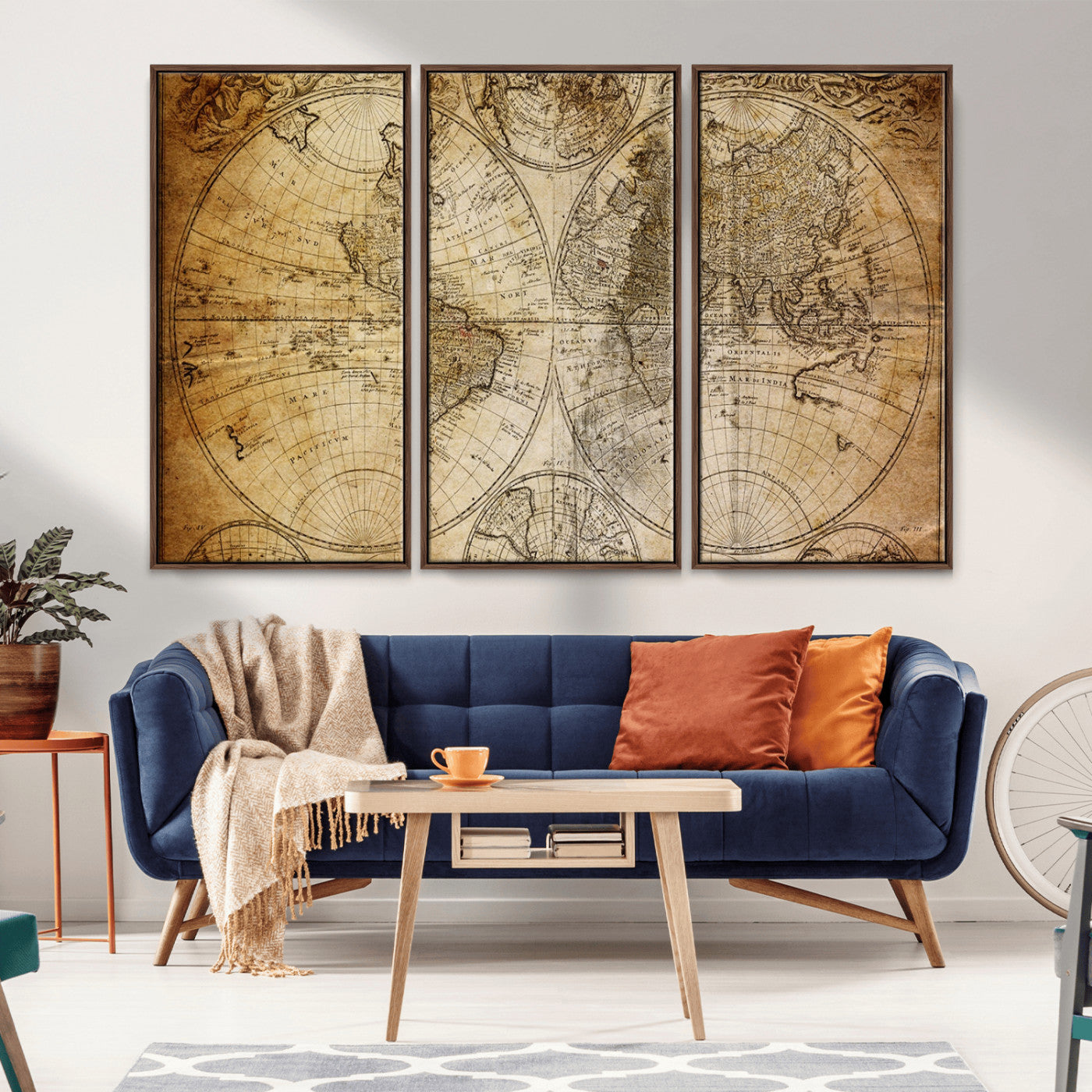 27265-MGV-CV-36X24-Vintage World Map Wall Art – Antique Double Hemisphere Globe Canvas Print, Classic Sepia-Toned Cartography Decor for Living Room,