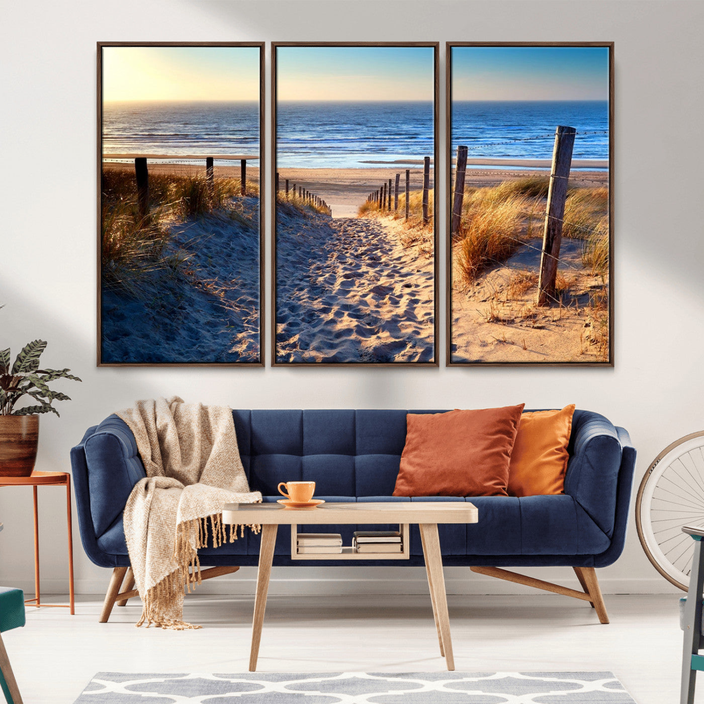 31889-MGV-FC-48X32-3P_Walnut-Sandy Beach Pathway Wall Art – Coastal Dune Fence and Ocean View Canvas Print, Relaxing Seaside Landscape Decor for Living Room or