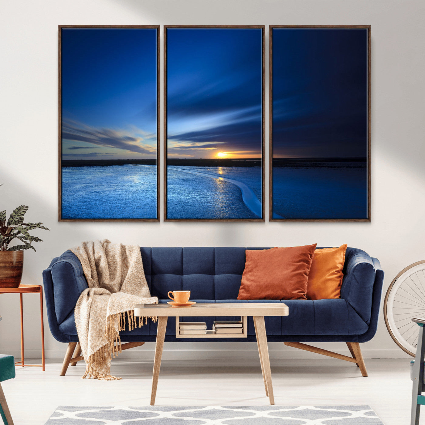 65405-MGV-FC-48X32-3P_Walnut-Blue Sunrise Seascape Wall Art – Tranquil Ocean Horizon Canvas Print with Golden Sunlight and Deep Sky, Coastal Landscape Decor