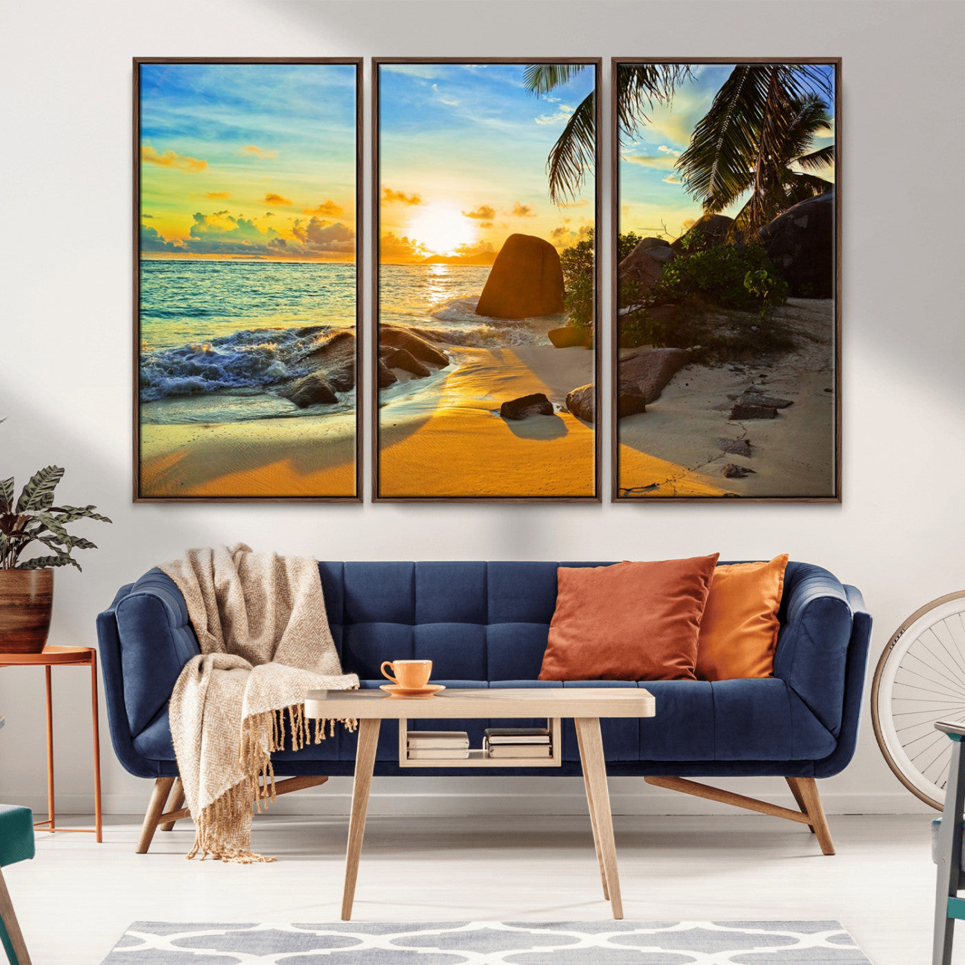 26181-MGV-FC-48X32-3P_Walnut-Golden Tropical Sunset Beach Wall Art – Ocean Canvas Print with Palm Trees and Rocks, Coastal Paradise Decor for Living Room or
