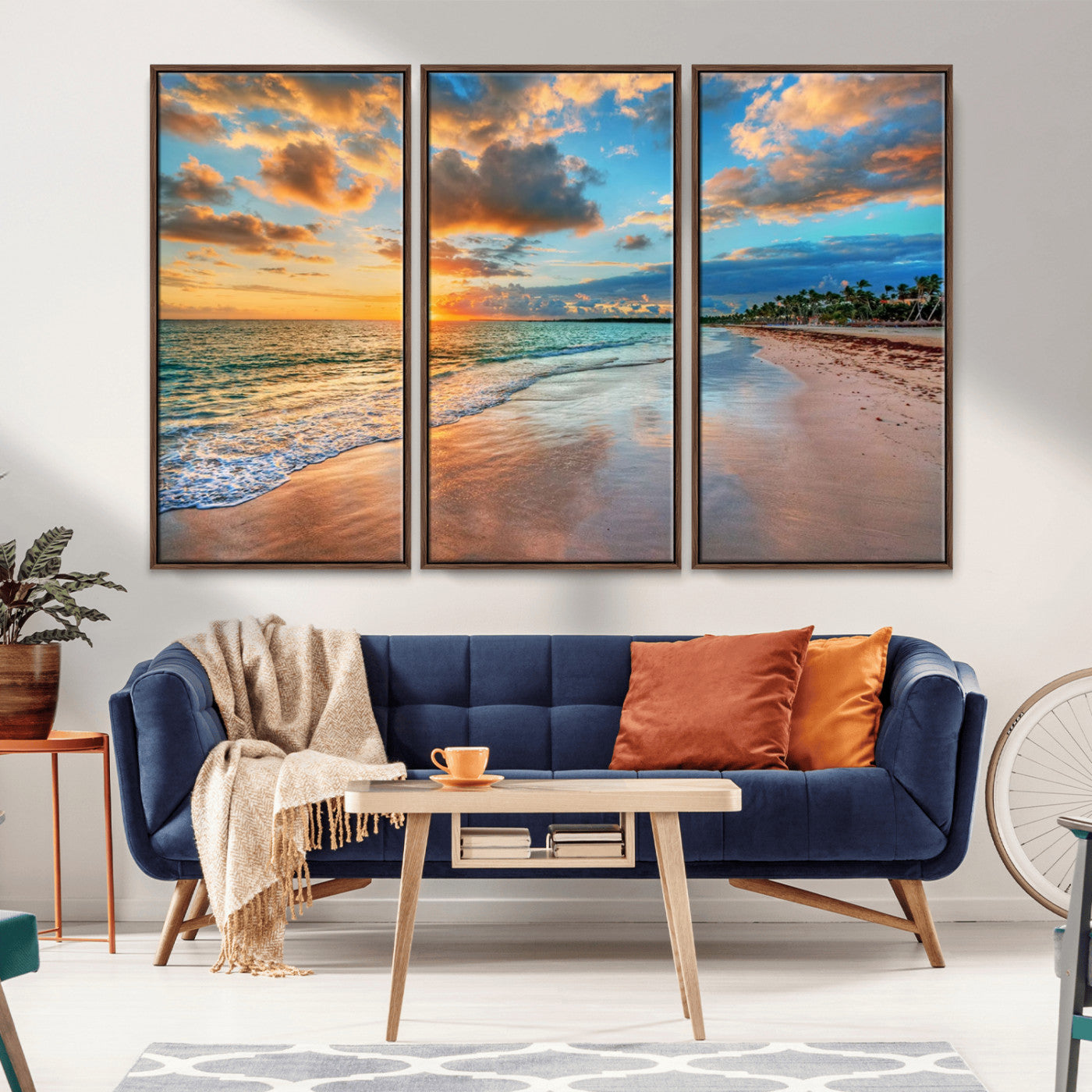 41572-MGV-FC-48X32-3P_Walnut-Sunset Beach Wall Art – Ocean Waves and Palm Trees Canvas Print, Tropical Coastal Sunset Seascape Decor for Living Room, Bedroom