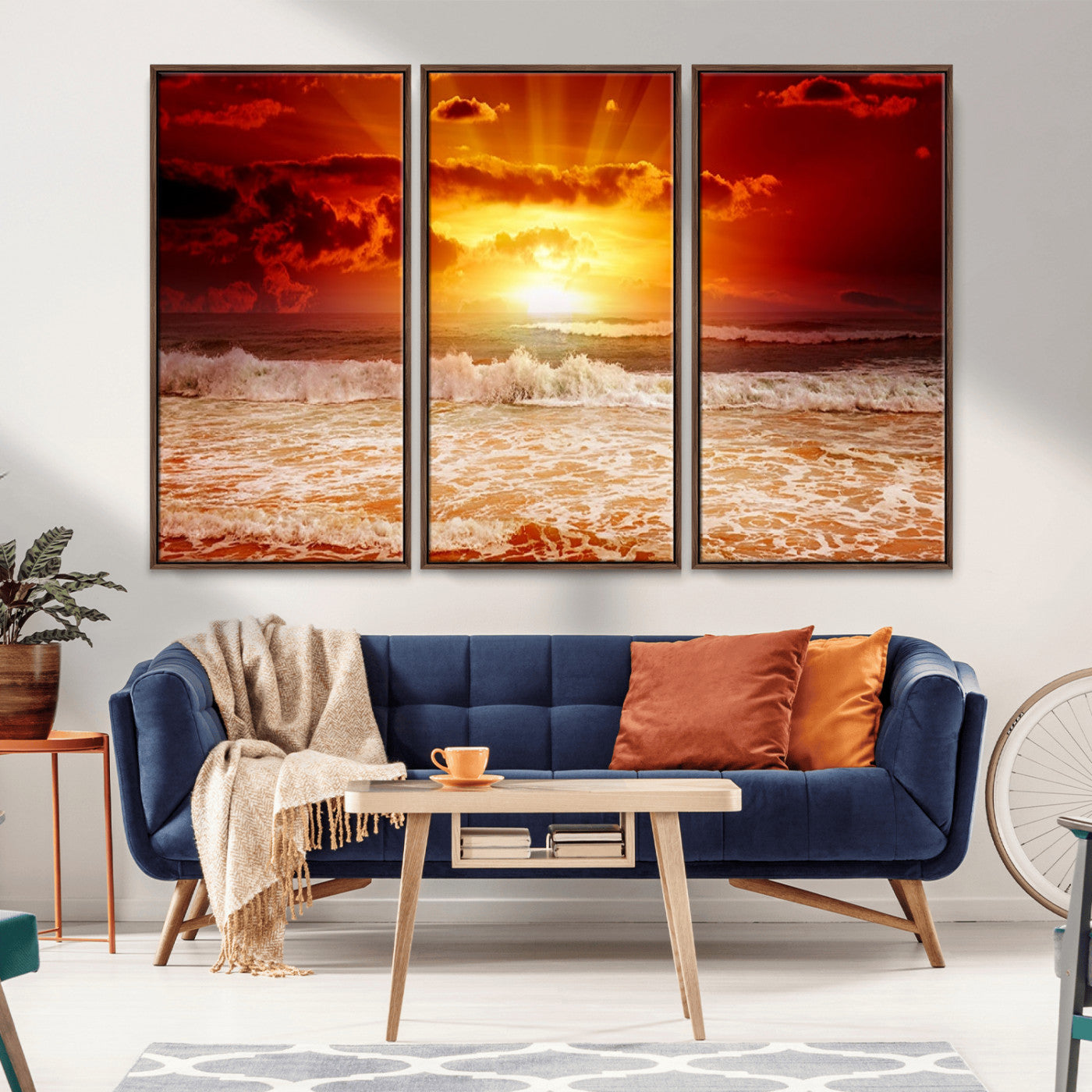 60211-MGV-CV-36X24-Fiery Sunset Ocean Waves Canvas Print – Vibrant Red & Orange Coastal Wall Art, Dramatic Seascape Decor