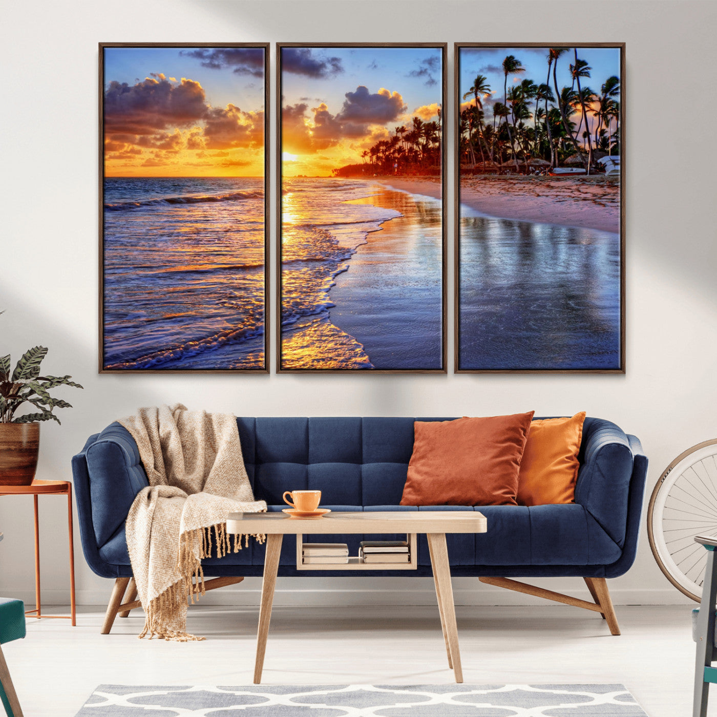 19917-MGV-FC-48X32-3P_Walnut-Tropical Sunset Beach Wall Art – Panoramic Palm Trees and Ocean Canvas Print, Vibrant Coastal Decor for Living Room, Office or Man