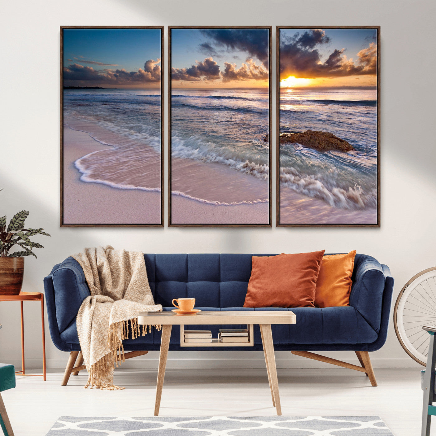94906-MGV-FC-48X32-3P_Walnut-Sunrise Beach Wall Art – Panoramic Ocean Waves Canvas Print, Coastal Sunset Seascape Artwork for Living Room, Bedroom, or Office
