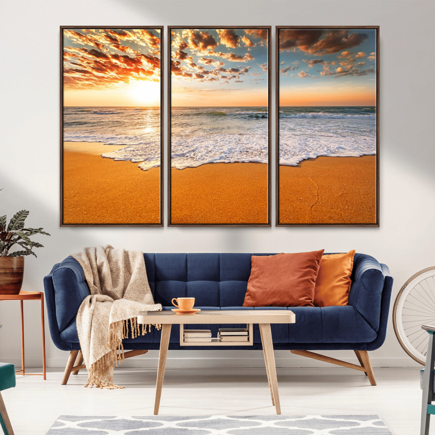 15399-MGV-FC-48X32-3P_Walnut-Golden Sunrise Beach Wall Art – Ocean Waves on Sandy Shore Canvas Print, Coastal Seascape Decor for Living Room or Bedroom