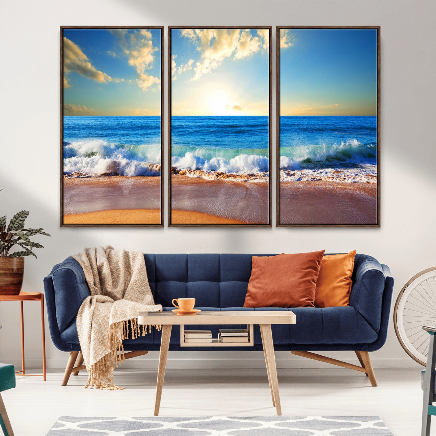 50522-MGV-FC-48X32-3P_Walnut-Ocean Sunrise Wall Art – Peaceful Beach Waves and Golden Horizon Canvas Print, Coastal Seascape Decor for Home or Office