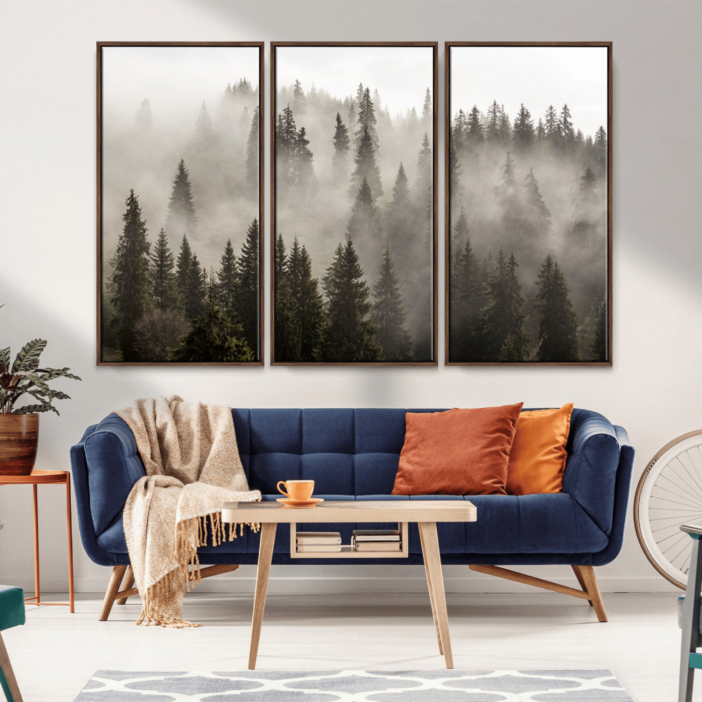 62862-MGV-FC-48X32-3P_Walnut-Misty Forest Wall Art – Tranquil Pine Tree Canvas Print with Mountain Fog, Nature Landscape Artwork for Living Room, Bedroom, or