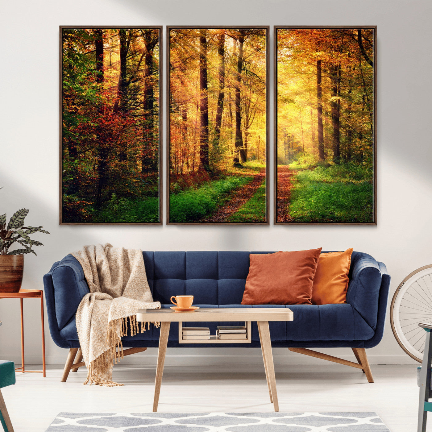 73494-MGV-FC-48X32-3P_Walnut-Golden Autumn Forest Path Wall Art – Sunlit Woodland Canvas Print, Fall Nature Landscape Home Decoration