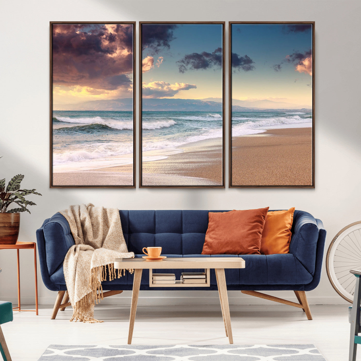 42253-MGV-FC-48X32-3P_Walnut-Serene Beach Waves Wall Art – Tranquil Ocean Horizon Canvas Print, Coastal Seascape Decor for Living Room or Office Wall