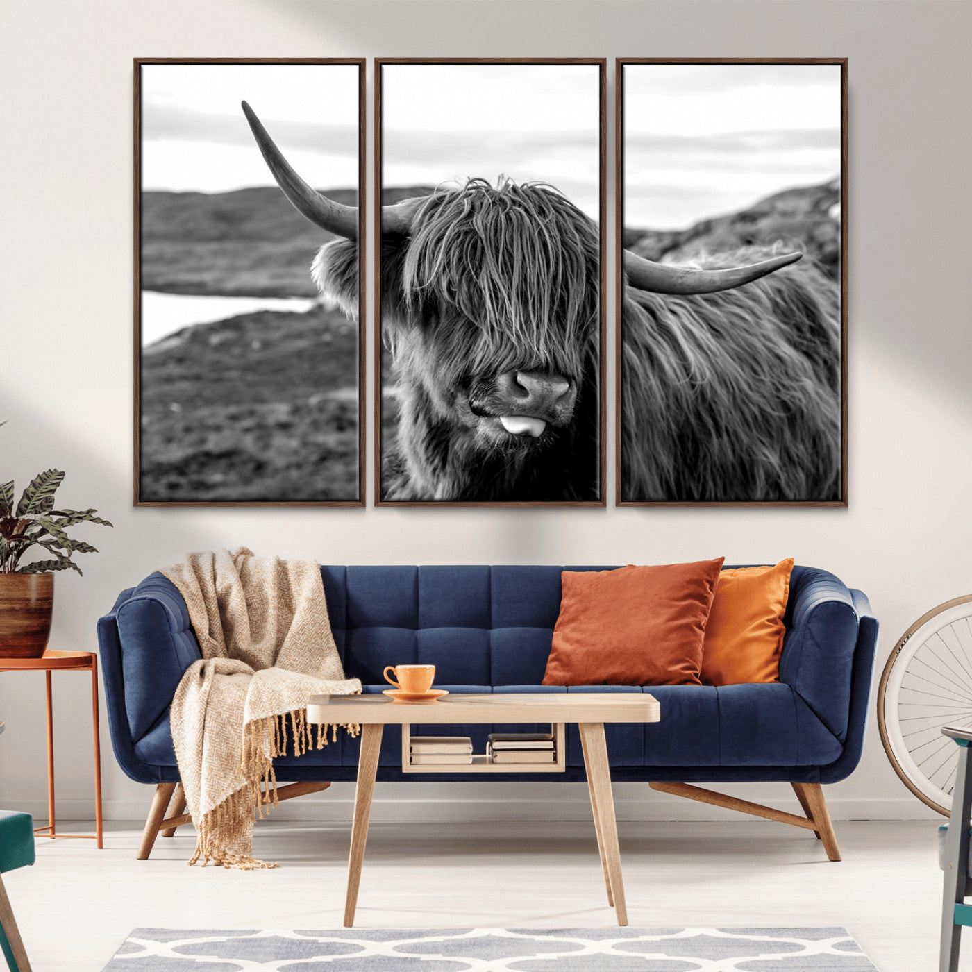 83810-MGV-FC-48X32-3P_Walnut-Highland Cow Wall Art – Black and White Highland Cattle Print, Rustic Farmhouse Animal Decor for Living Room