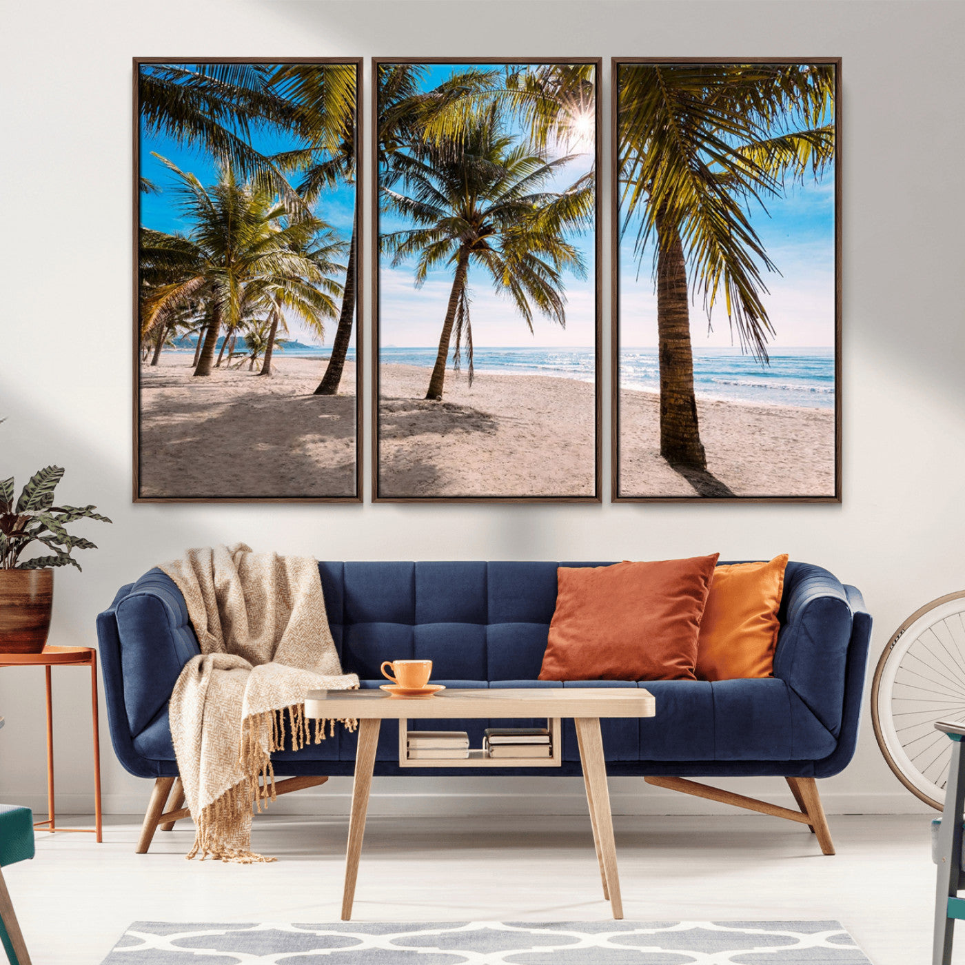 98175-MGV-FC-48X32-3P_Walnut-Tropical Palm Beach Wall Art – Relaxing Ocean Shore Canvas Print with Palm Trees, Coastal Summer Decor for Living Room, Bedroom or