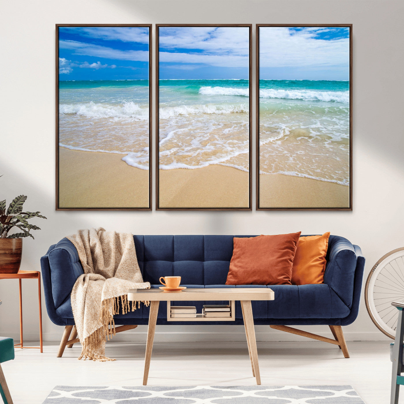 20660-MGV-FC-48X32-3P_Walnut-Ocean Wave Beach Wall Art – Serene Blue Sea and Sandy Shore Canvas Print, Coastal Landscape Photography Decor for Living Room or