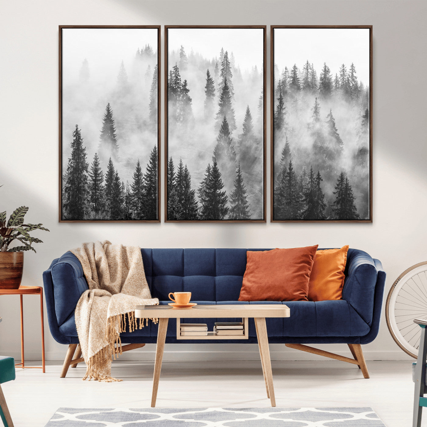 10422-MGV-CV-36X24-Misty Pine Forest Wall Art – Black and White Foggy Landscape Canvas Print, Serene Nature Woodland Decor for Bedroom, Office or