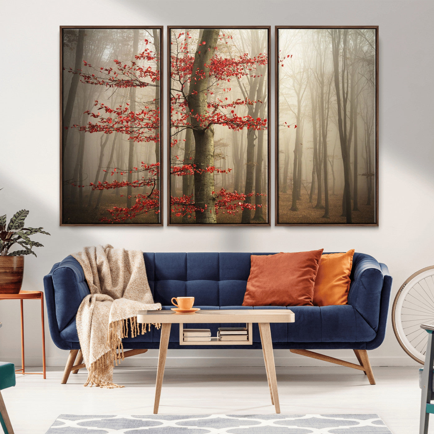61855-MGV-FC-48X32-3P_Walnut-Misty Forest Wall Art – Red Tree with Autumn Leaves Canvas Print, Moody Woodland Nature Decor for Living Room, Bedroom, or Office