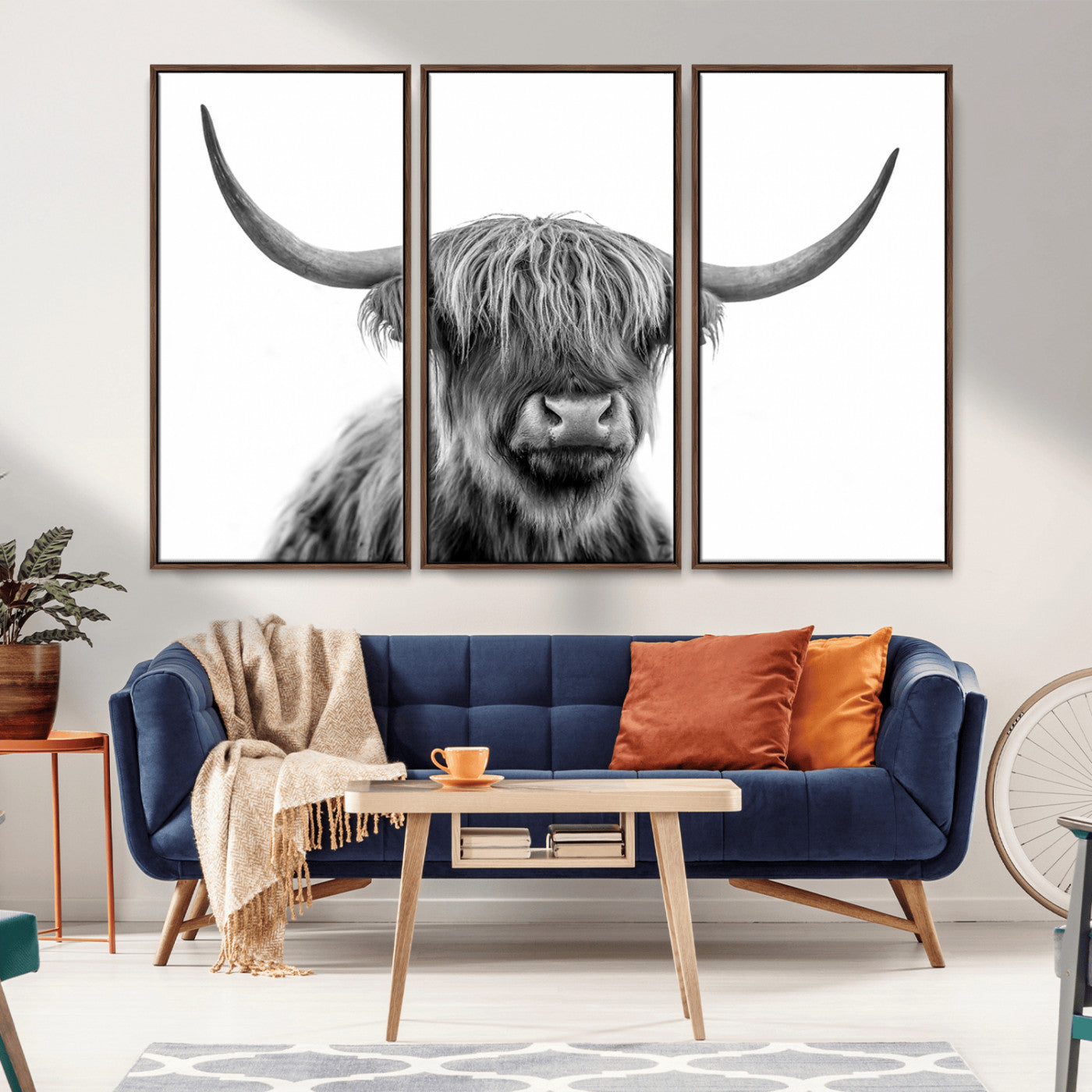 10123-MGV-FC-48X32-3P_Walnut-Black and White Highland Cow Wall Art – Modern Farmhouse Animal Print, Rustic Scottish Bull Canvas Decor for Living Room, Bedroom,