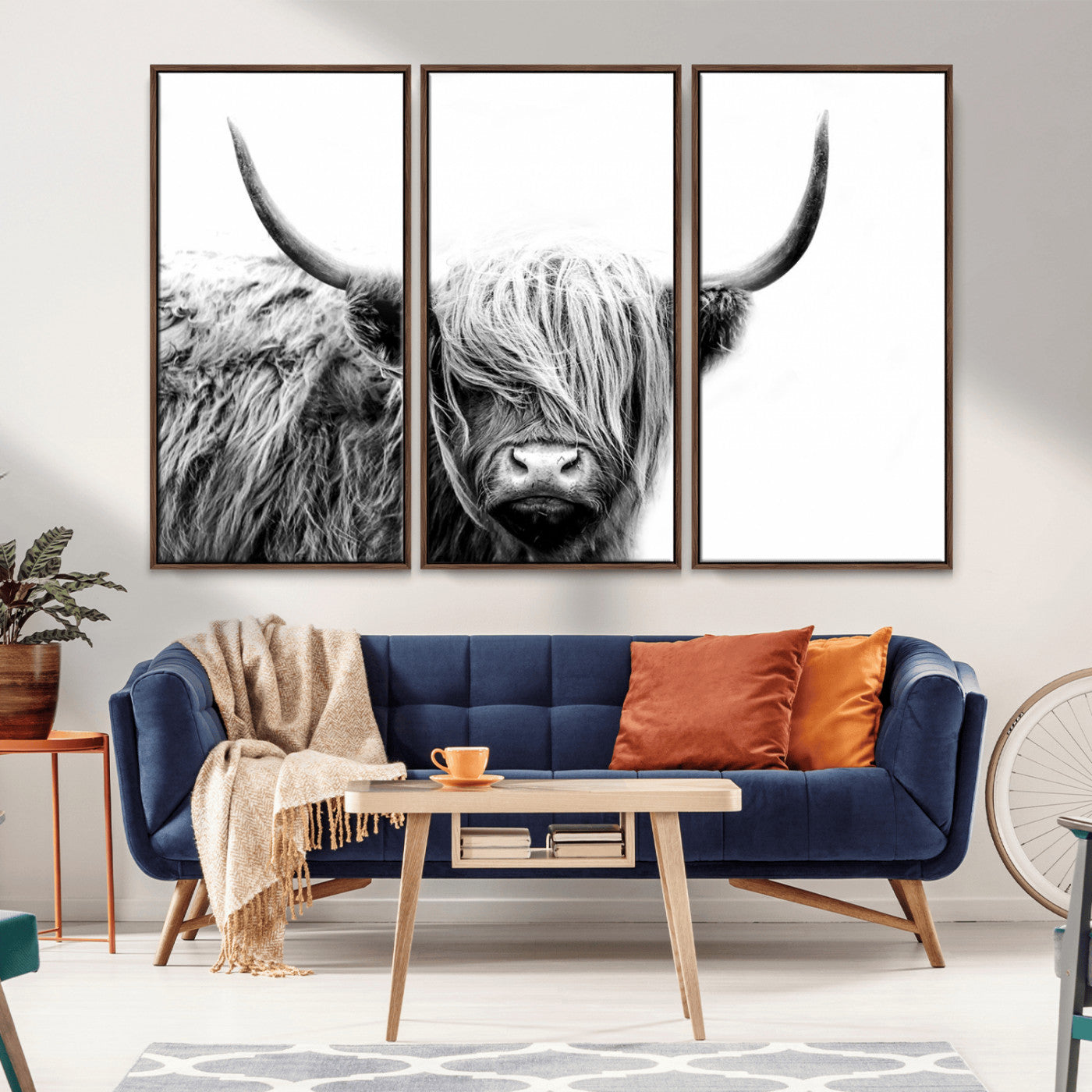51957-MGV-FC-48X32-3P_Walnut-Highland Cow Wall Art – Black and White Scottish Highland Bull Canvas Print, Rustic Farmhouse Animal Decor for Living Room,