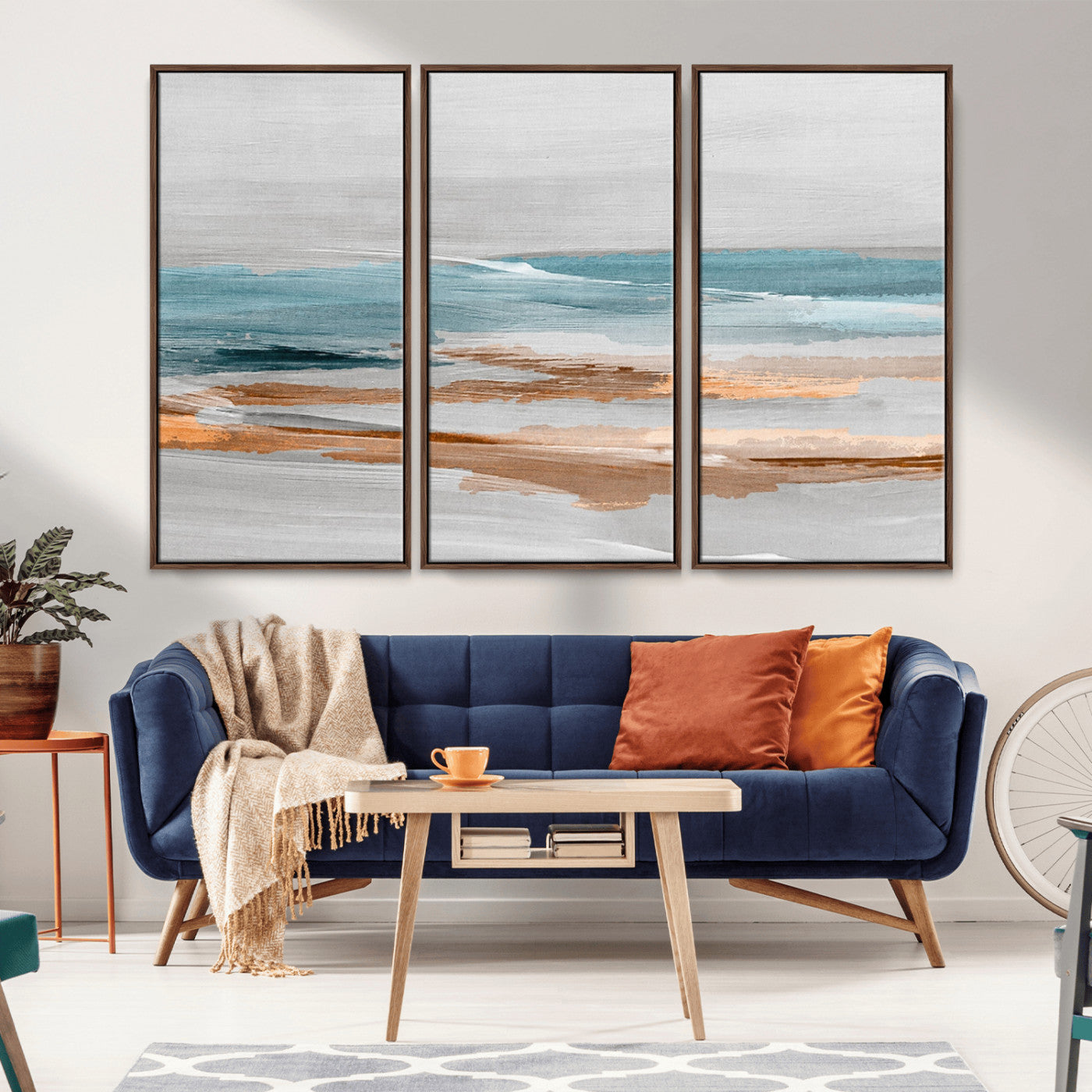 23430-MGV-FC-48X32-3P_Walnut-Abstract Coastal Wall Art – Modern Ocean Horizon Canvas Print, Minimalist Beach Scene Painting for Bedroom, Living Room, Office or