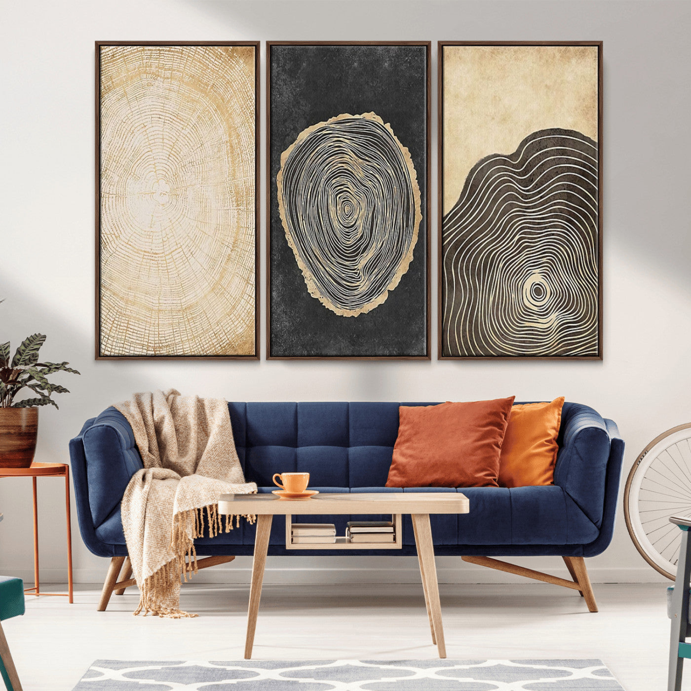 77785-MGV-FC-48X32-3P_Walnut-Tree Ring Abstract Wall Art – Rustic Wood Growth Pattern Canvas Prints, Modern Nature-Inspired Decor for Living Room or Office
