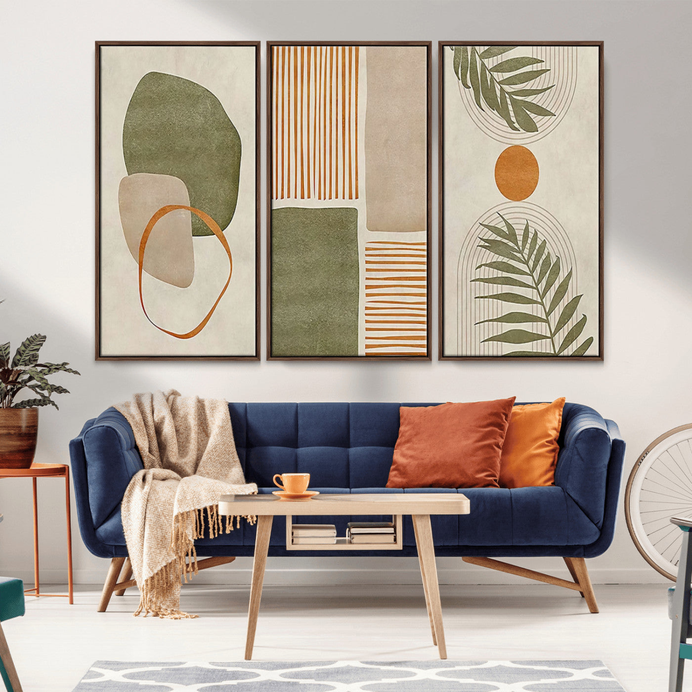 96002-MGV-CV-36X24-Abstract Geometric Wall Art – Modern Canvas Print with Green, Orange & Beige Shapes, Minimalist Home Decor for Living Room, Office