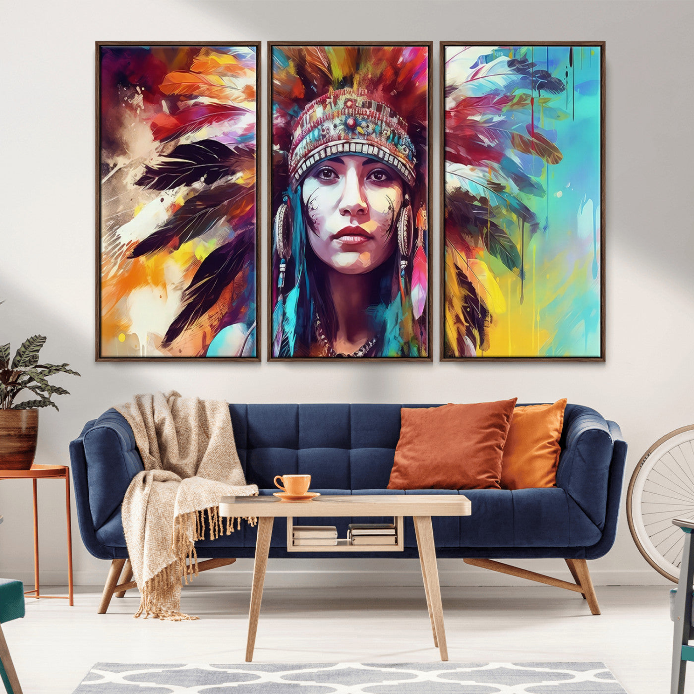 83460-MGV-CV-36X24-Colorful Native Inspired Woman Wall Art – Abstract Feather Headdress Canvas Print, Bold Tribal Style Decor for Living Room or
