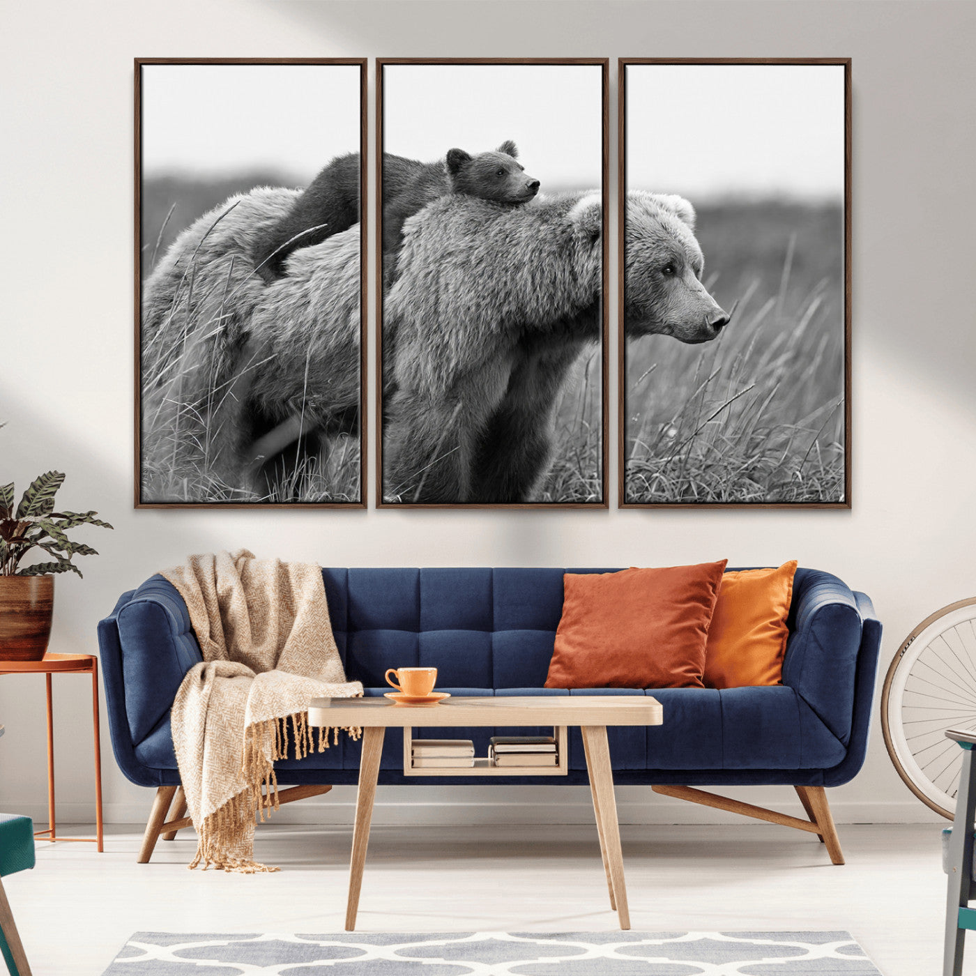 76338-MGV-CV-36X24-Mother Bear and Cub Wall Art – Black and White Wildlife Canvas Print, Rustic Nature Photography for Cabin, Living Room or Office
