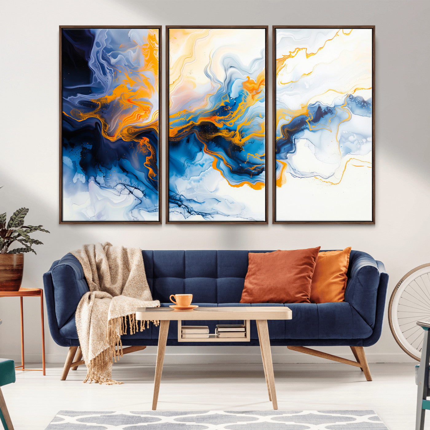 83720-MGV-CV-36X24-Abstract Fluid Wall Art – Blue, White and Gold Swirl Canvas Painting, Modern Contemporary Artwork for Living Room, Bedroom or