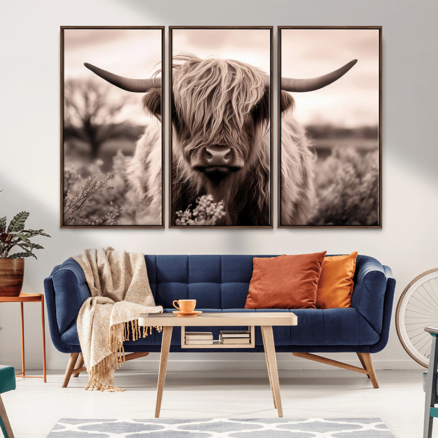 55903-MGV-CV-36X24-Highland Cow Wall Art – Rustic Sepia Scottish Highland Bull Canvas Print, Farmhouse Country Animal Decor for Living Room, Bedroom