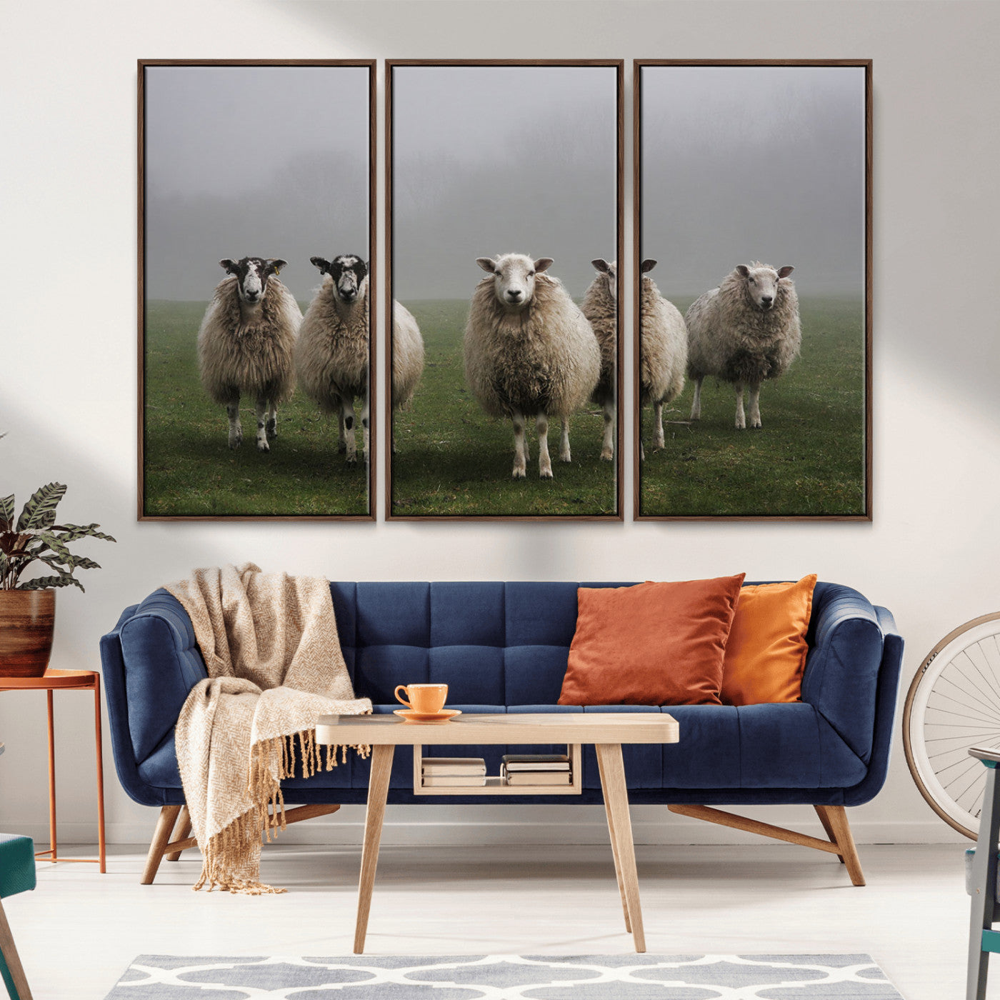 87339-MGV-FC-48X32-3P_Walnut-Sheep Wall Art – Rustic Farmhouse Canvas Print Flock Standing Misty Field Countryside Photography, Country Animal Decor for Living