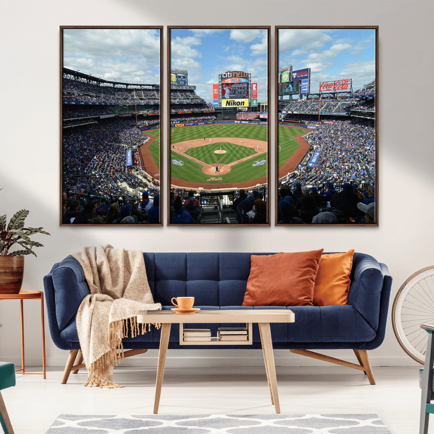22910-MGV-FC-48X32-3P_Walnut-City Field Stadium Wall Art Canvas Print, Framed New York Stadium Art Picture Print, City Field Perfect Sport Room Decor Artwork