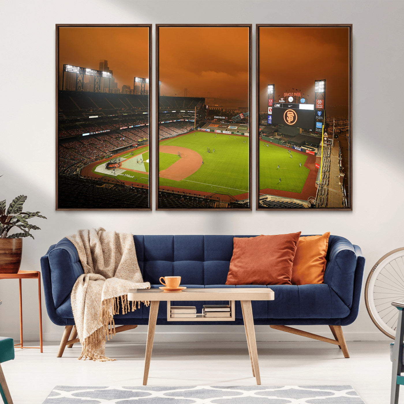 31315-MGV-FC-48X32-3P_Walnut-Oracle Park Stadium Wall Art Canvas Print, Framed California Stadium Art Picture Print, Oracle Park Field Perfect Sport Room Decor