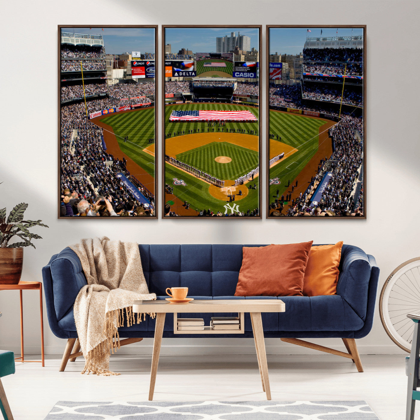 20879-MGV-FC-48X32-3P_Walnut-Yankee Stadium Wall Art Canvas Print, Framed New York Stadium Art Picture Print, Yankee Field Perfect Sport Room Decor Artwork