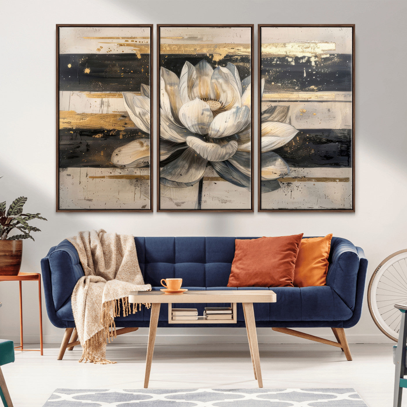 18807-MGV-FC-48X32-3P_Walnut-Lotus Flower Wall Art Canvas Print, Framed Abstract Lotus Art Picture Print, White Lotus Flower Perfect Abstract Floral Decor