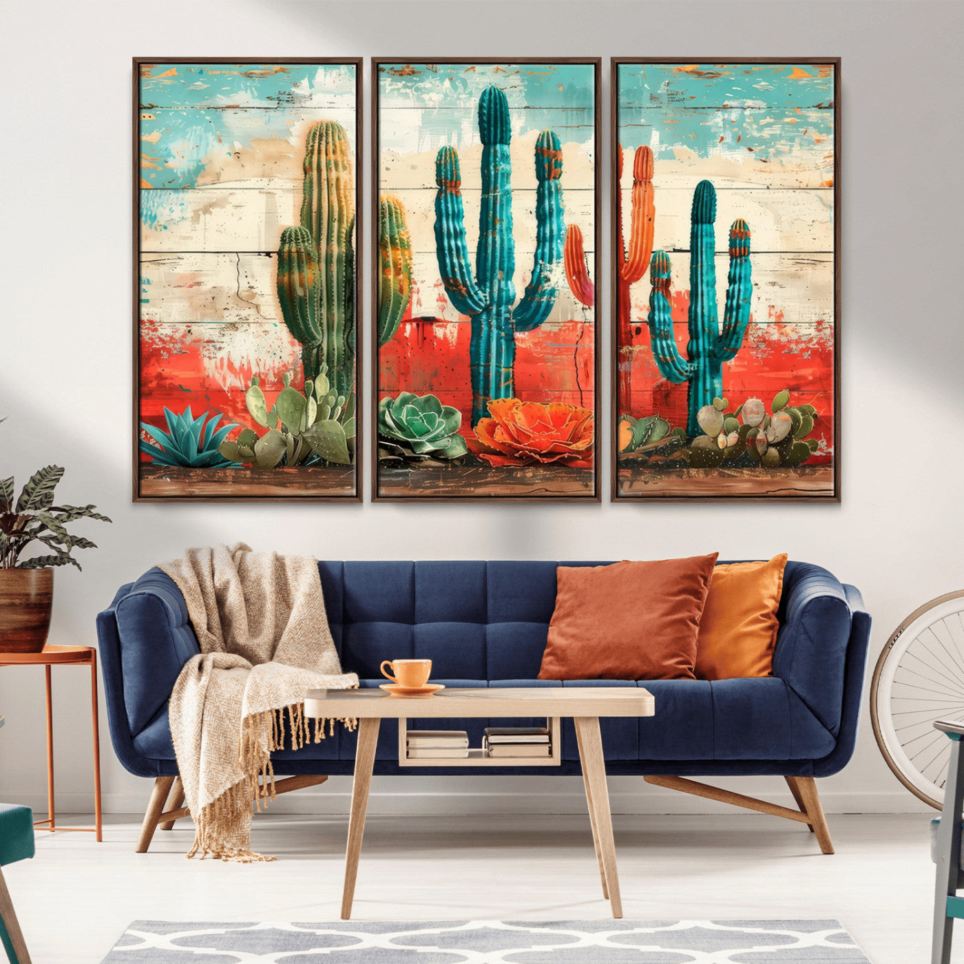 27998-MGV-CV-36X24-Southwestern Cactus Wall Art – Colorful Desert Succulent Print in Turquoise & Orange, Rustic Boho Farmhouse Decor for Living Room,