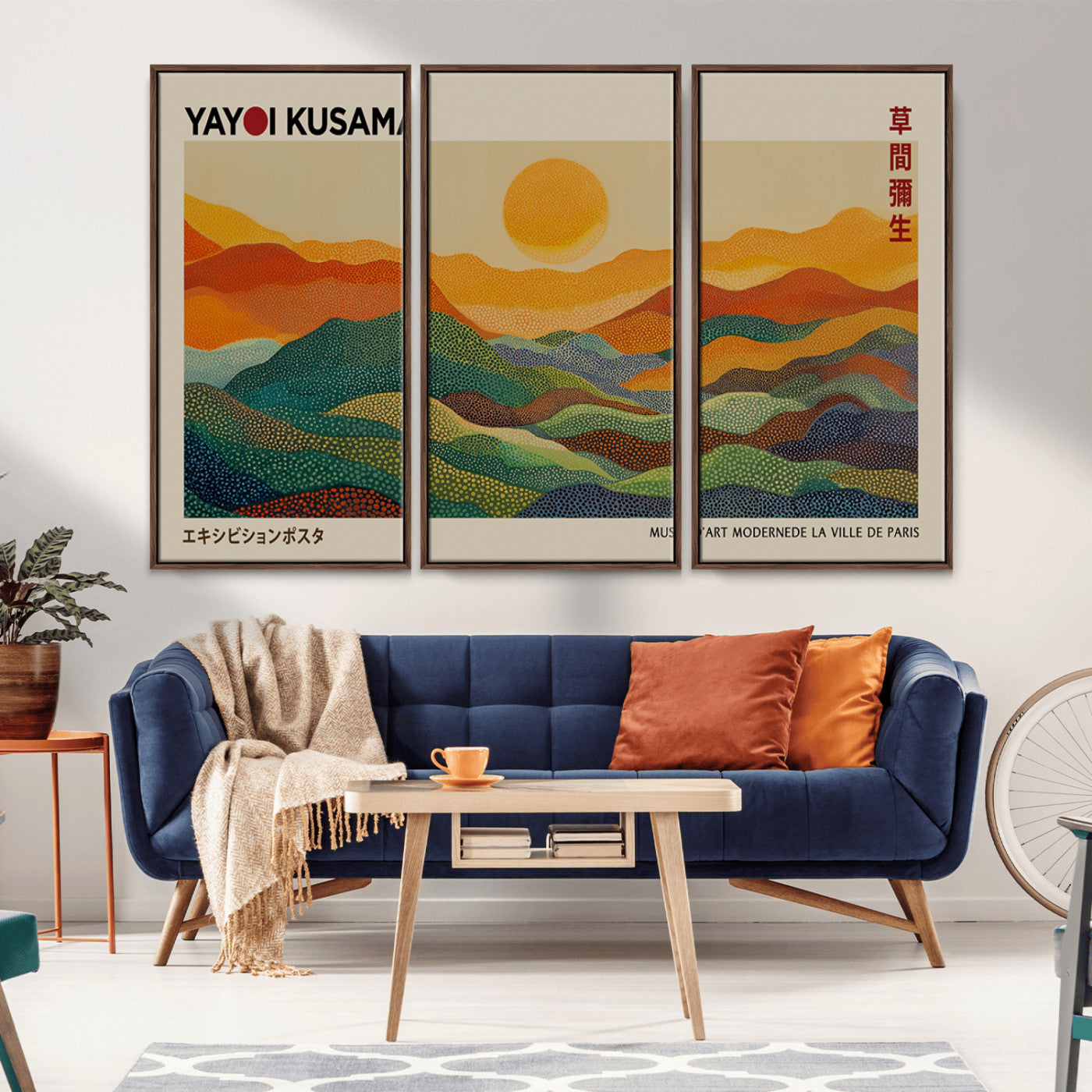 64995-MGV-CV-36X24-Kusama Inspired Wall Art – Golden Sunset Abstract Landscape Canvas Print, Modern Colorful Mountain Horizon Artwork for Home or