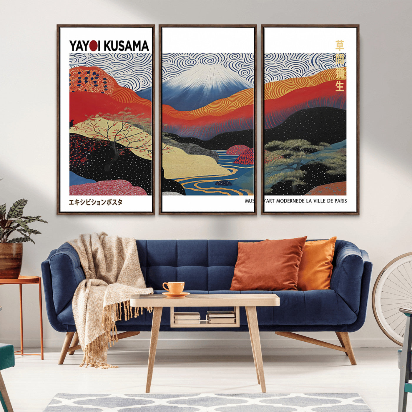 14839-MGV-CV-36X24-Yayoi Kusama Wall Art – Panoramic Mountain & River Canvas Print, Modern Abstract Japanese Landscape Decor for Living Room or