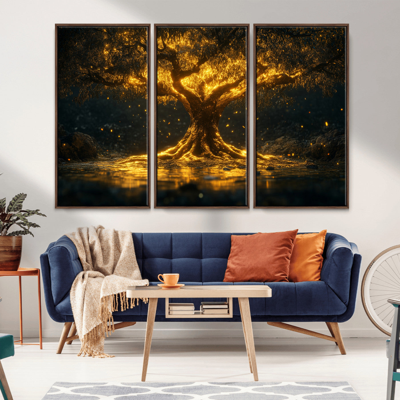 59580-MGV-CV-36X24-Glowing Tree Wall Art – Golden Fantasy Nature Canvas Print, Mystical Illuminated Tree Painting Poster for Living Room, Bedroom,