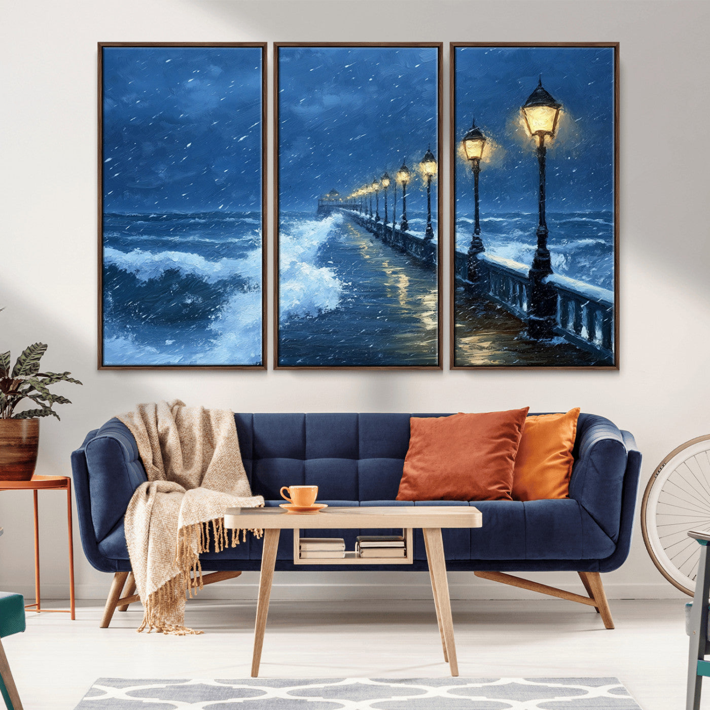 32668-MGV-CV-36X24-Stormy Pier Wall Art – Ocean Waves and Street Lamps Canvas Print, Rainy Night Seascape Oil Painting Poster for Living Room,