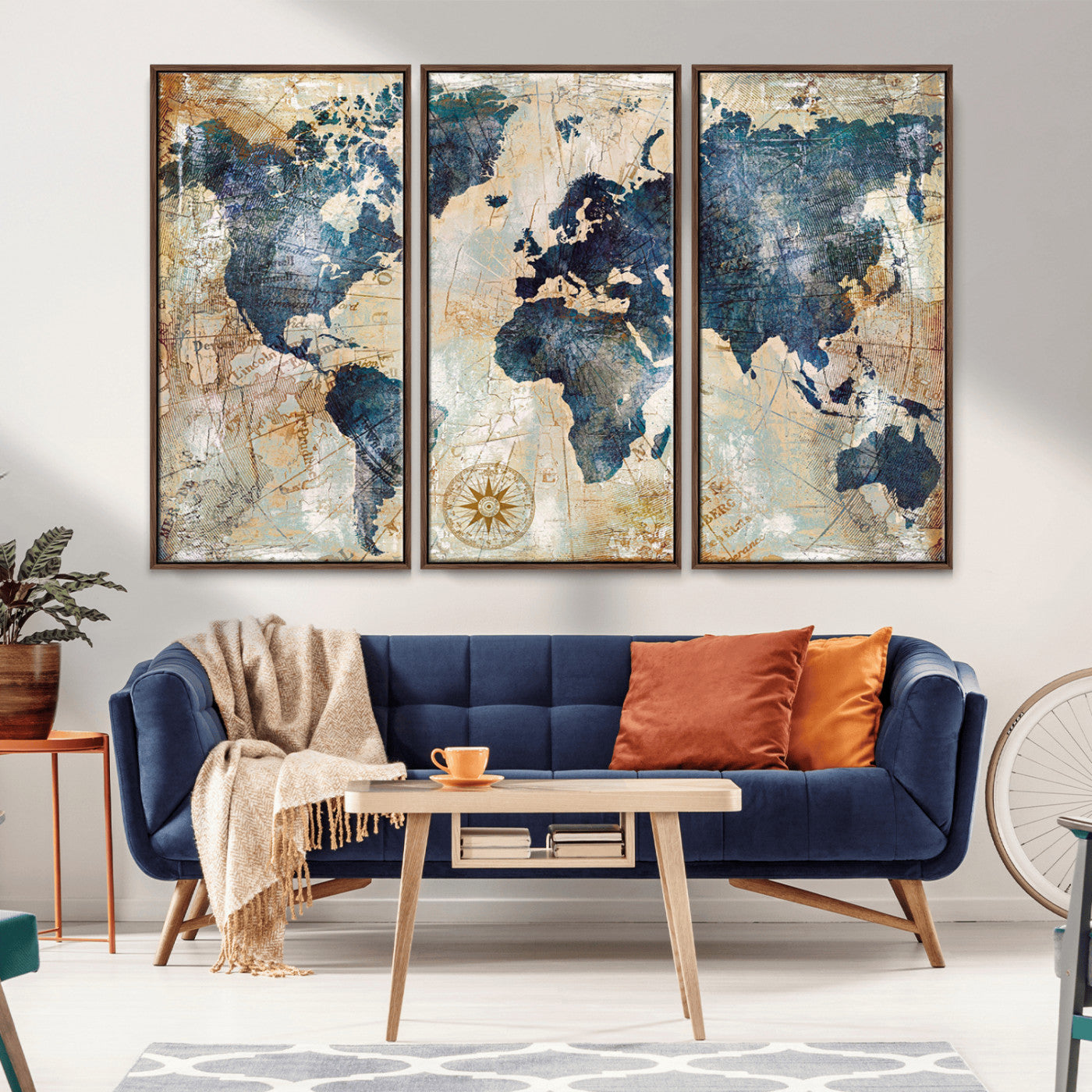 84561-MGV-CV-36X24-World Map Wall Art – Vintage Antique Style Canvas Print, Rustic Blue and Tan Map Painting Poster for Living Room, Bedroom, Office