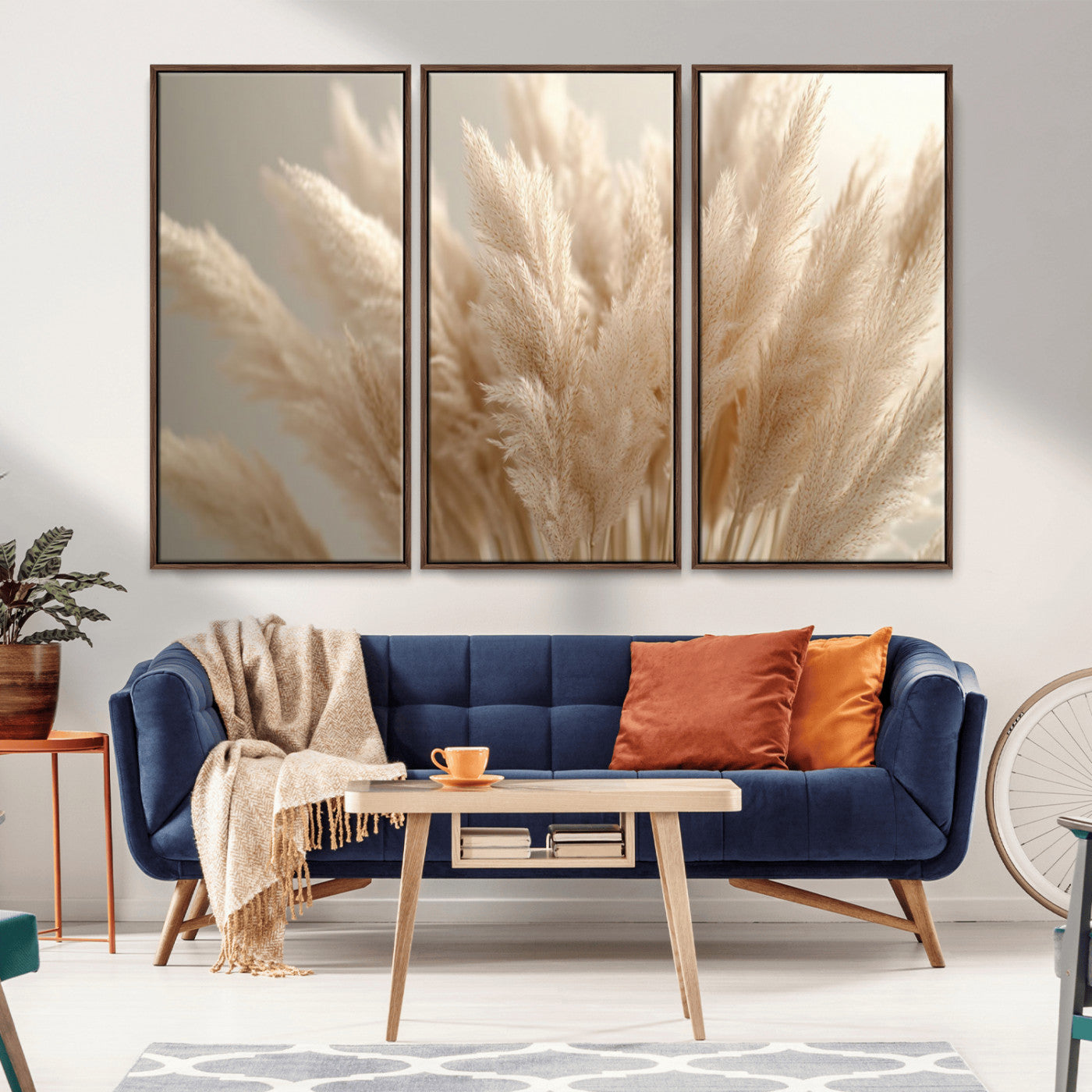 50300-MGV-FC-48X32-3P_Walnut-Pampas Grass Wall Art Canvas Print, Framed Minimalist Pampas Grass Art Picture Print, Beige Pampas Grass Perfect Minimalist Boho