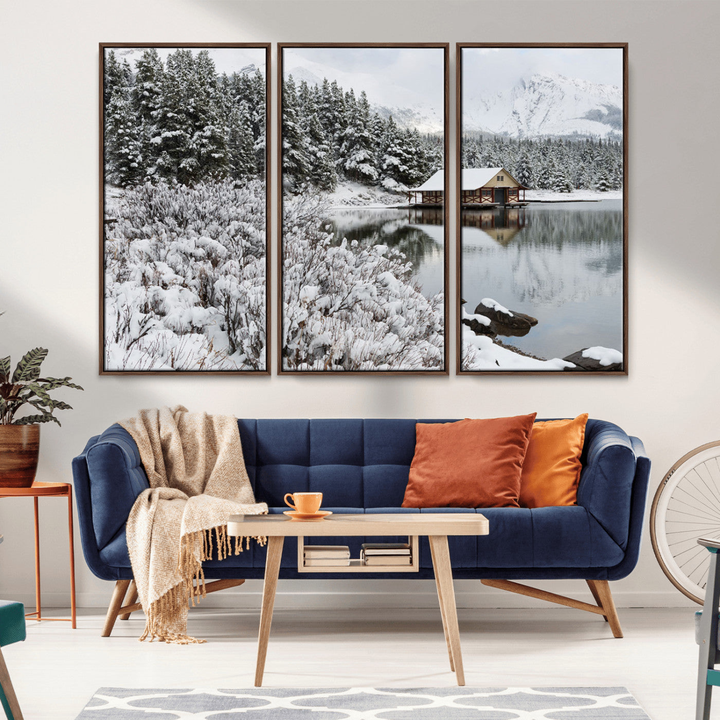 29975-MGV-CV-36X24-Winter Cabin by the Lake Wall Art – Snowy Mountain Landscape Canvas Print, Rustic Lodge Cabin Decor for Cozy Living Room, Bedroom