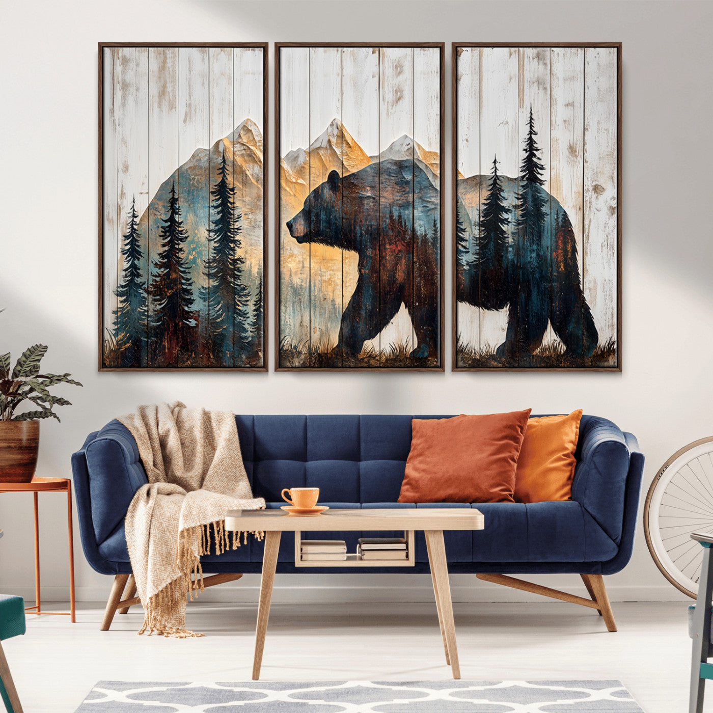 90077-MGV-FC-48X32-3P_Walnut-Wood Grizzly Bear Wall Art Canvas Print, Framed Abstract Bear Art Picture Print, Bear in Forest Perfect Rustic Lodge Decor Artwork
