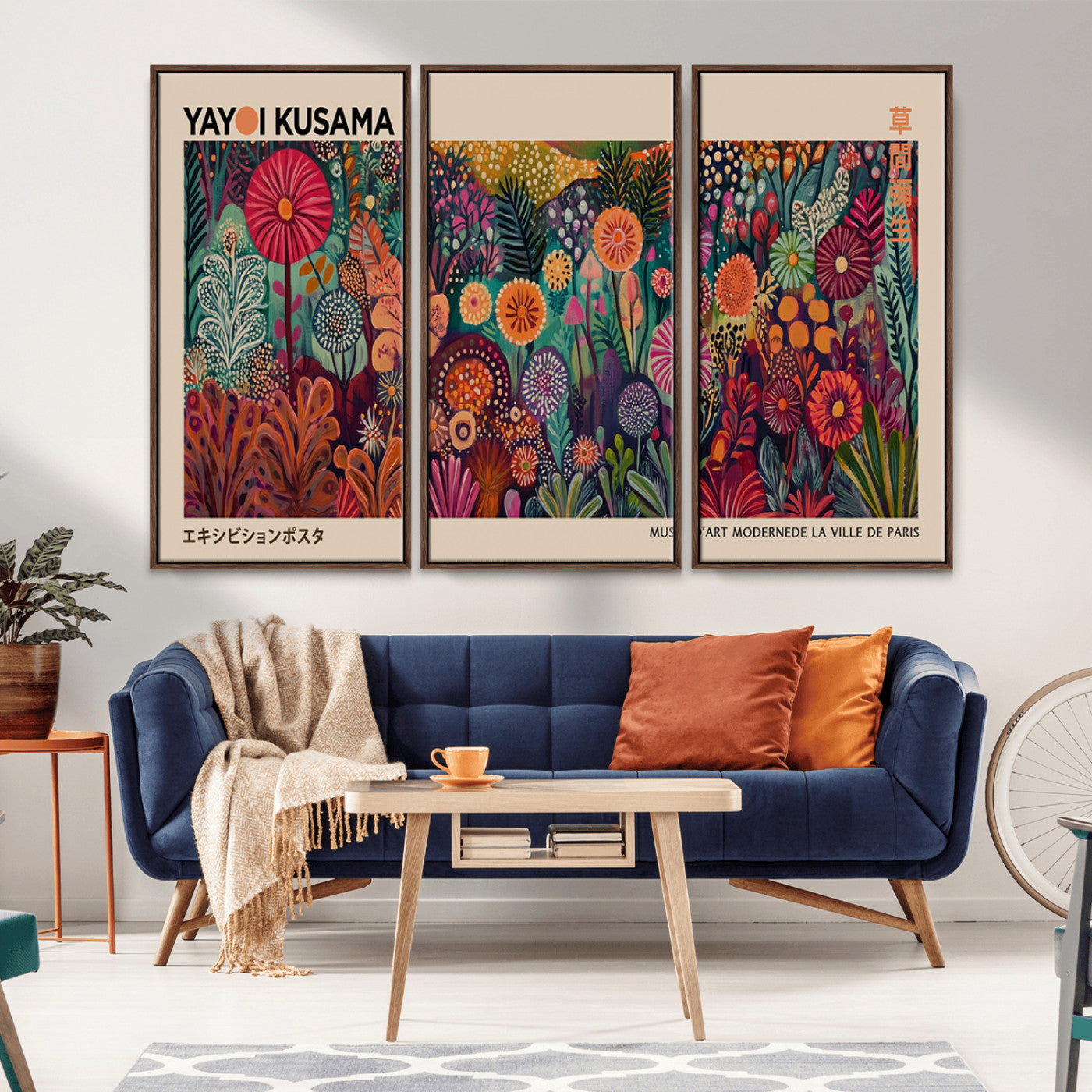 51280-MGV-FC-48X32-3P_Walnut-Abstract Yayoi Kusama Wall Art Canvas Print, Framed Japanese Wabi Sabi Art Picture Print, Yayoi Kusama Perfect Abstract Modern